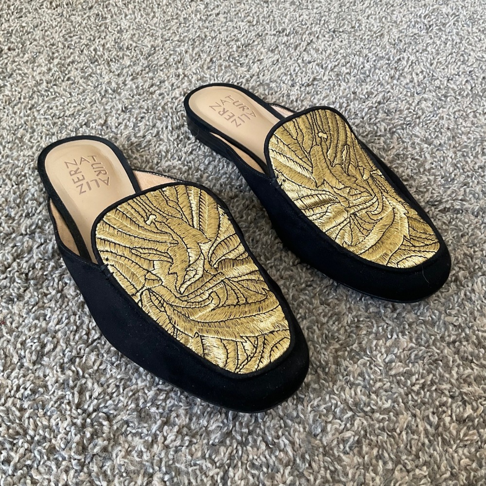 Naturalizer Eden 2 Mules // 8W Black Gold Embroidered Slip-On Loafers
